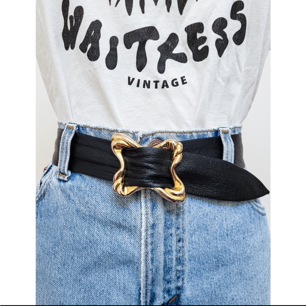 VINTAGE Black Leather Ribbon Loop Belt Gold Sculptural Elsa Peretti Style Buckle